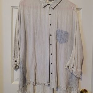 Umgee Blue Button-Down Shirt with Fringe Accents